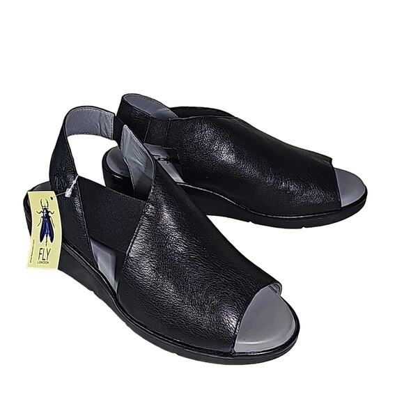 Fly London Nily940FlY Wedge Black Leather Sandal Womens Sz37 US Size 6-6.5 NEW